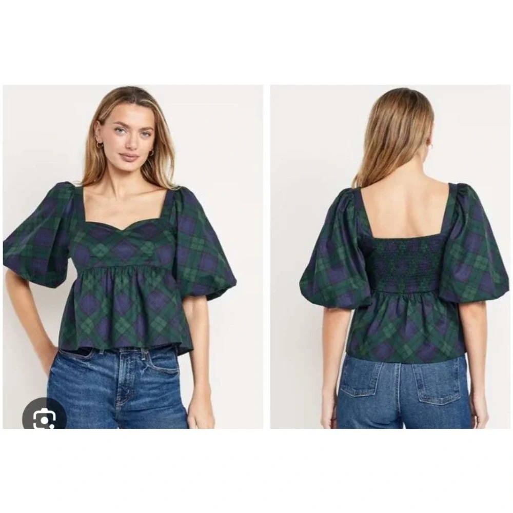 Old Navy Puff Sleeve Poplin Peplum Top Smocked Holiday Plaid Blue Green S NWT