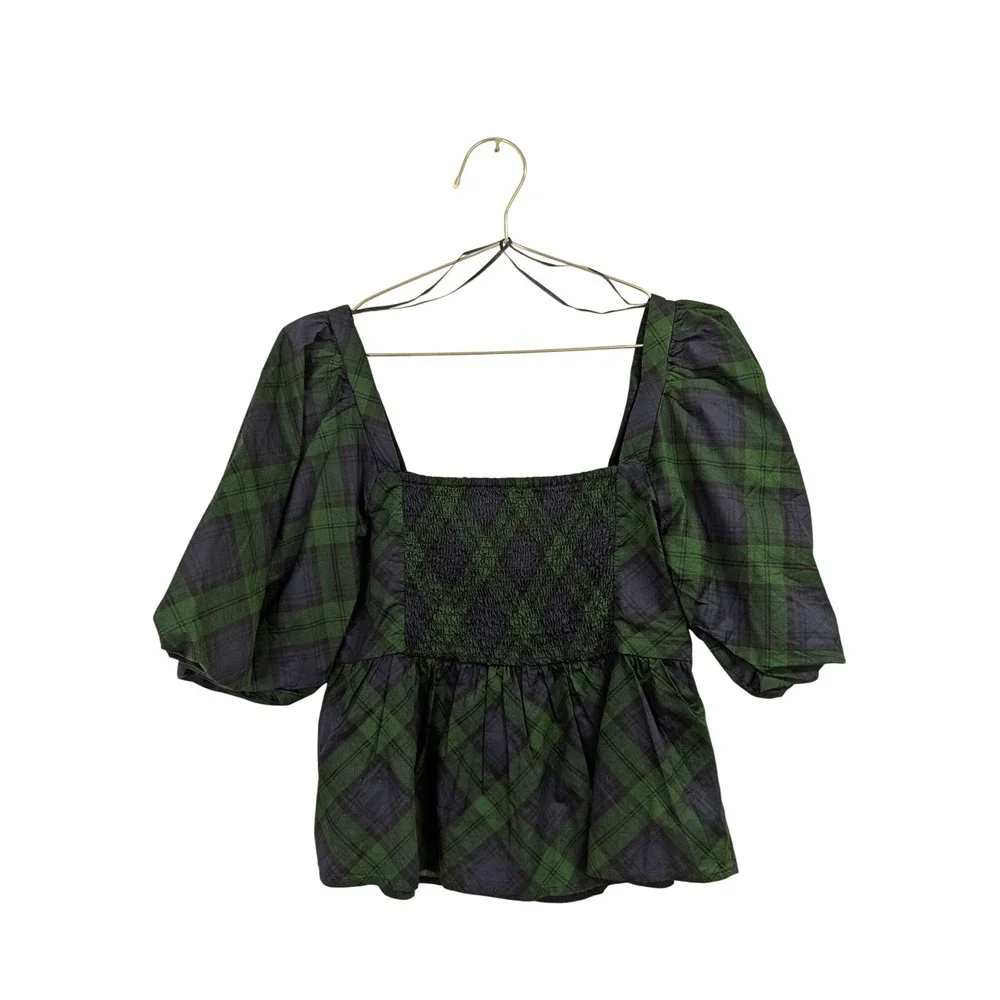 Old Navy Puff Sleeve Poplin Peplum Top Smocked Holiday Plaid Blue Green S NWT