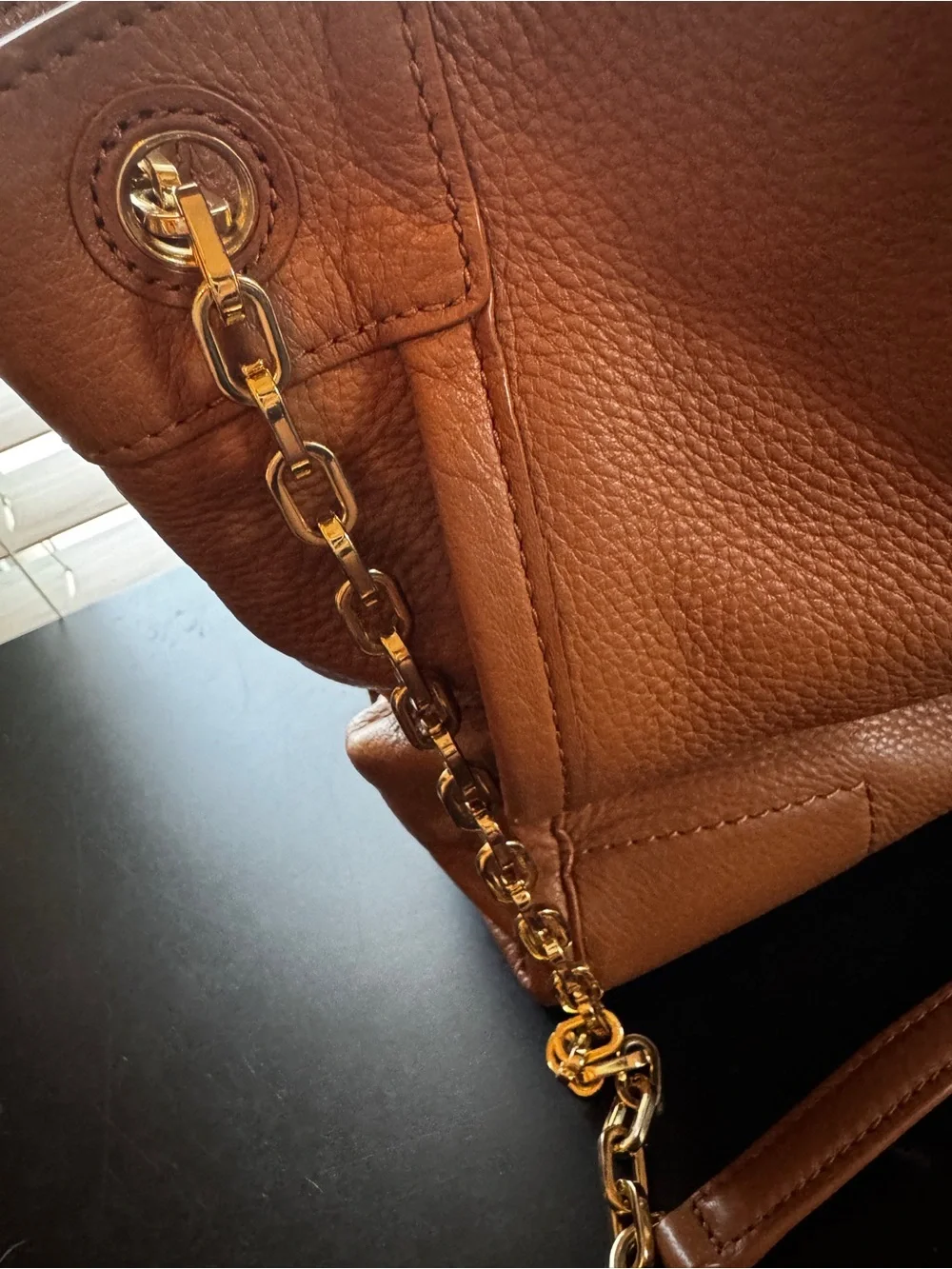 Tory Burch Chestnut Brown Pebbled Leather Shoulder Bag with Gold Chain