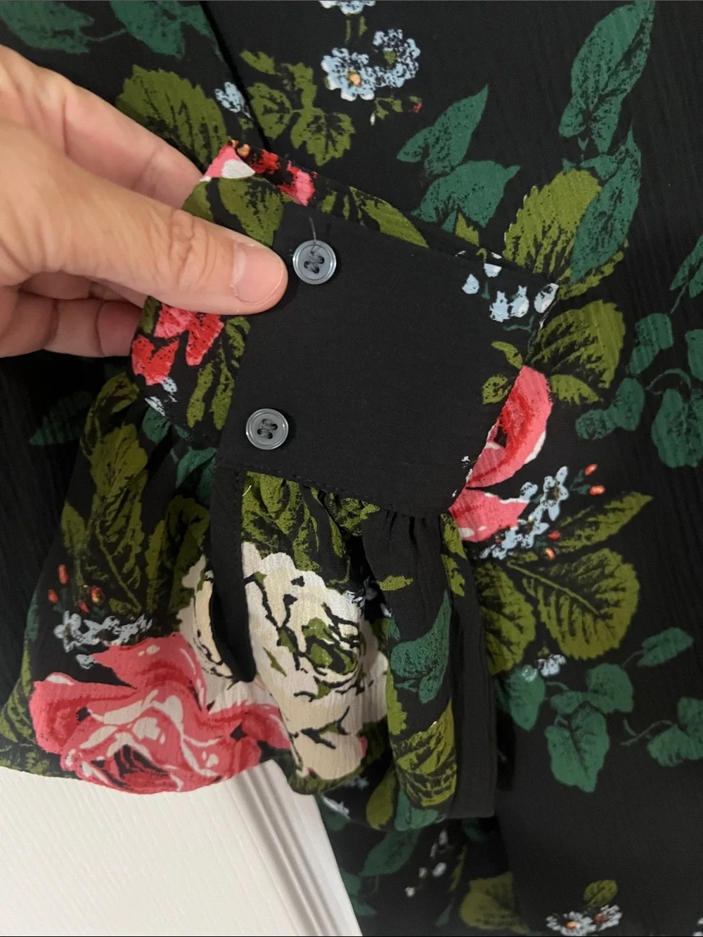 LOFT Black Floral High-Neck Long-Sleeve Blouse with Pink and Cream Roses
