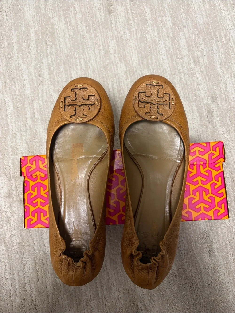 Tory Burch Tan Reva With Leather Logo Ballet Flats