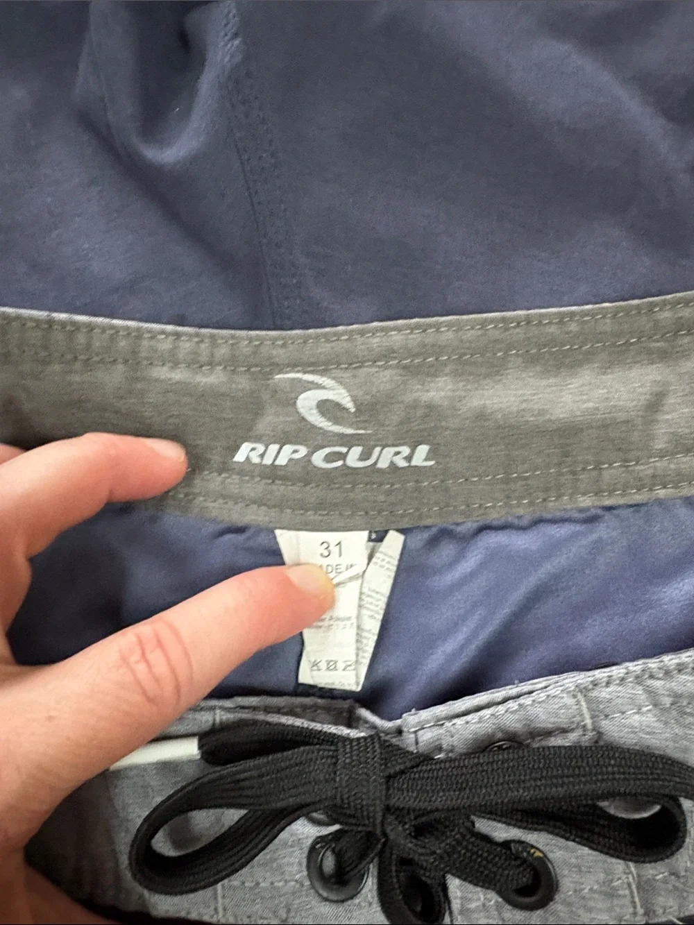 Rip Curl Navy Board Shorts with Gray Waistband, size 31
