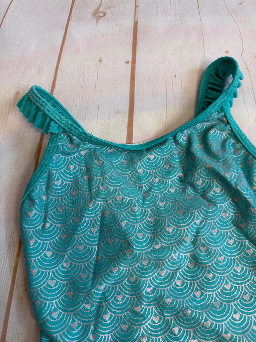 Cat & Jack Girls Teal and Silver Mermaid Ruffle Strap One-Piece Swimsuit
