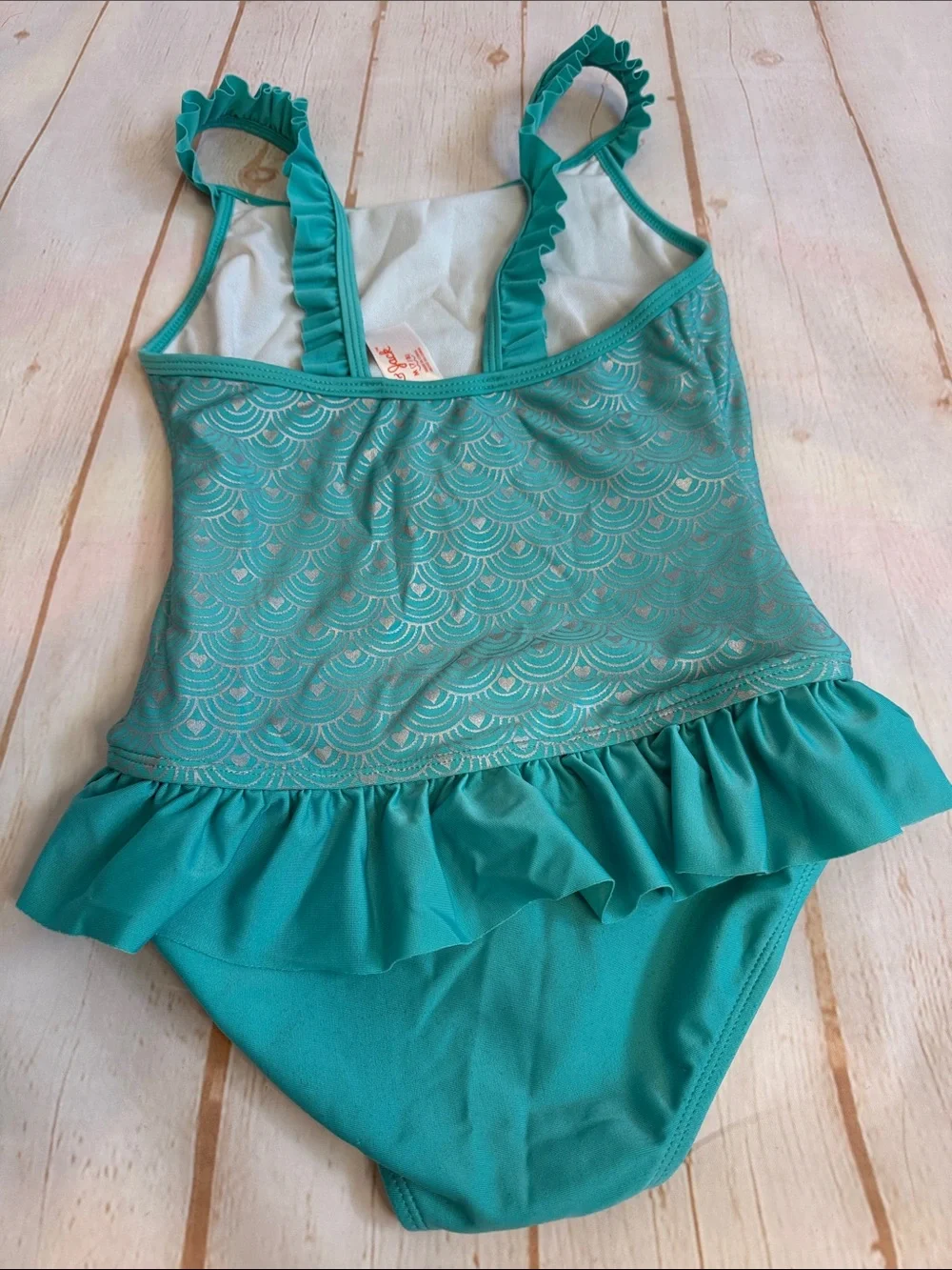 Cat & Jack Girls Teal and Silver Mermaid Ruffle Strap One-Piece Swimsuit