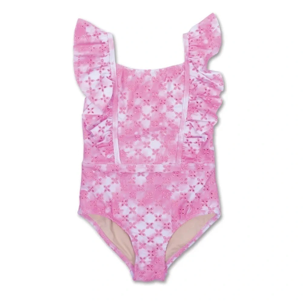 Shady Critters Eyelet ruffle one piece swimsuit toddler girl tie dye bubblegum