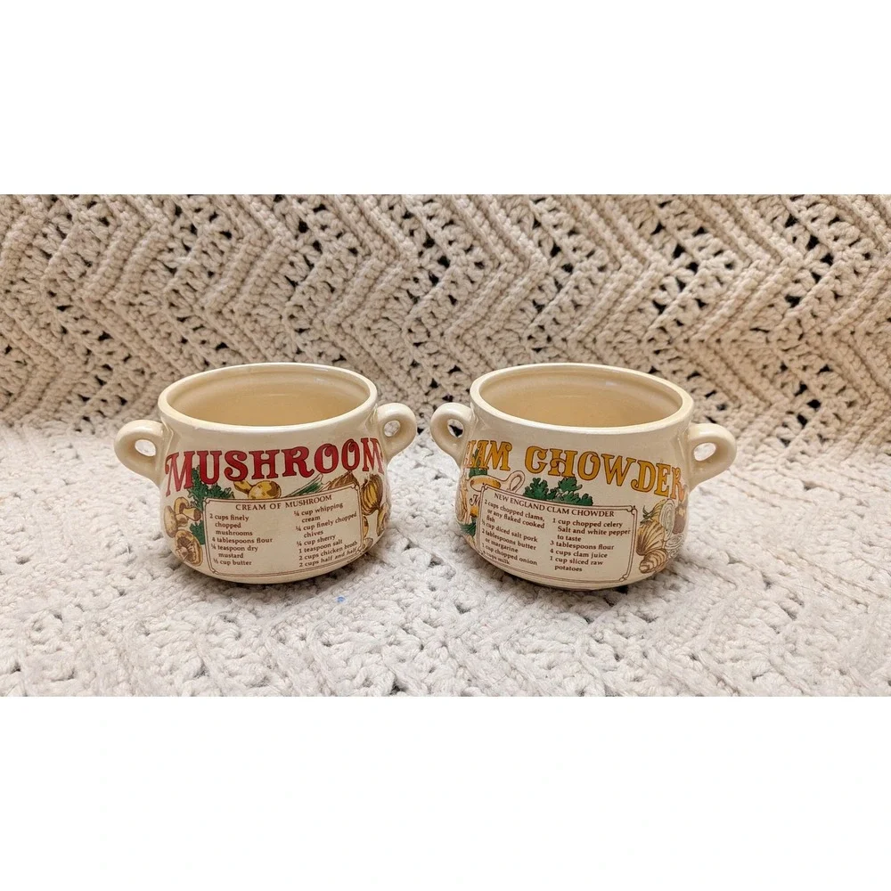 Vintage Recipe Soup Mugs Set of 2 Mushroom and Clam Chowder Ceramic Bowls Japan