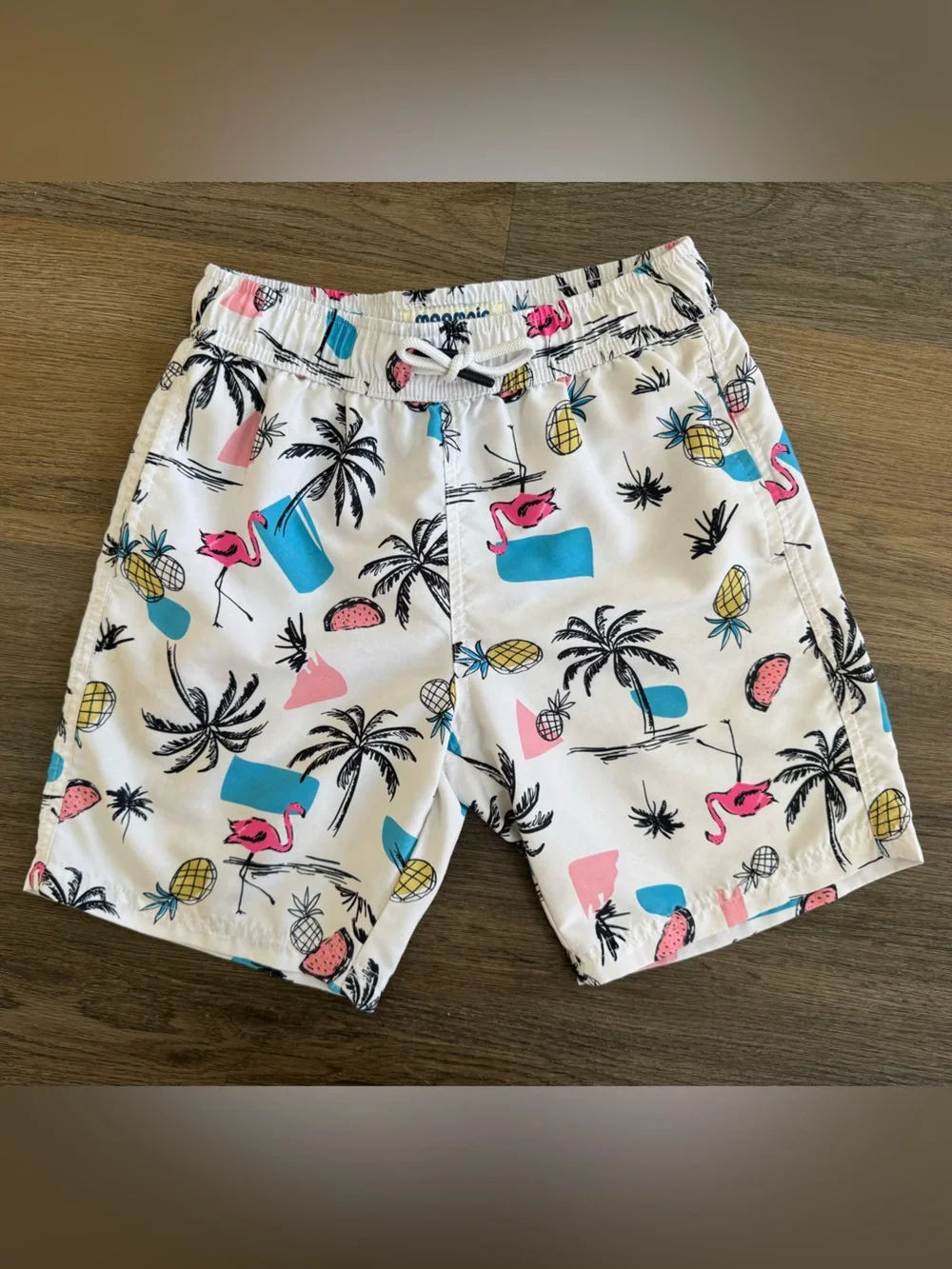 Boy’s White Tropical Print Swim Shorts with Flamingo Motif
