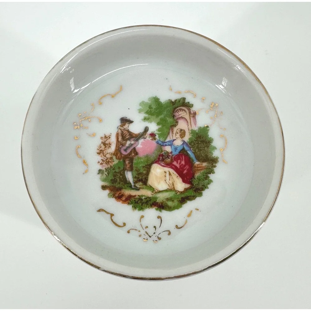 Vintage Courting Couple Porcelain Butter Pats Set of 5 Made in Japan Gold Trim