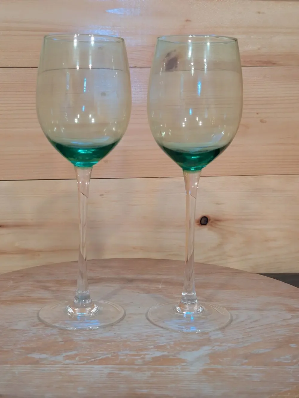 Vintage Green Bowl Clear Stem Wine Glasses Set of 2 Tall 9.25