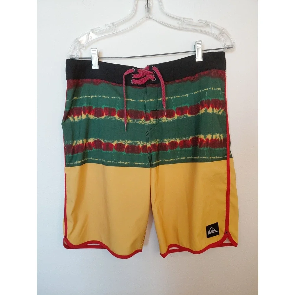 Quiksilver‎ Men's Yellow Red Surfer Board Shorts SZ L Vacation Swim