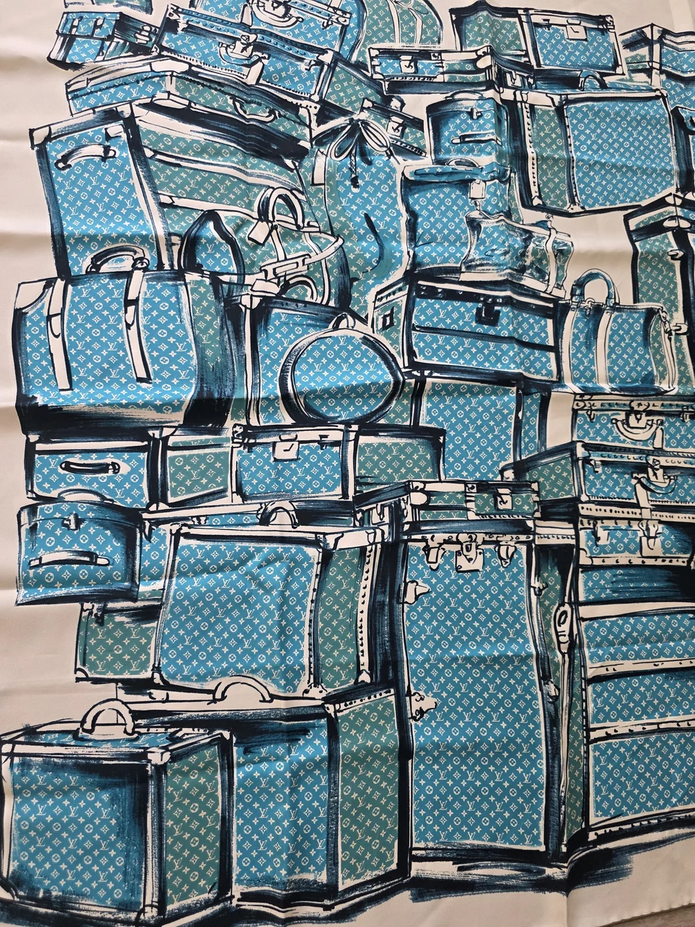 Auth Louis Vuitton Trunk And Luggages Turquoise Silk Scarf
