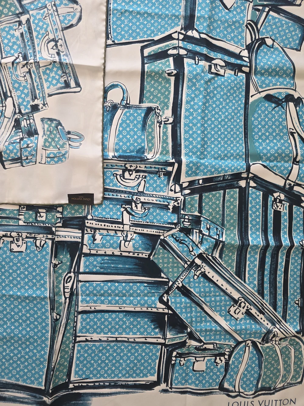 Auth Louis Vuitton Trunk And Luggages Turquoise Silk Scarf