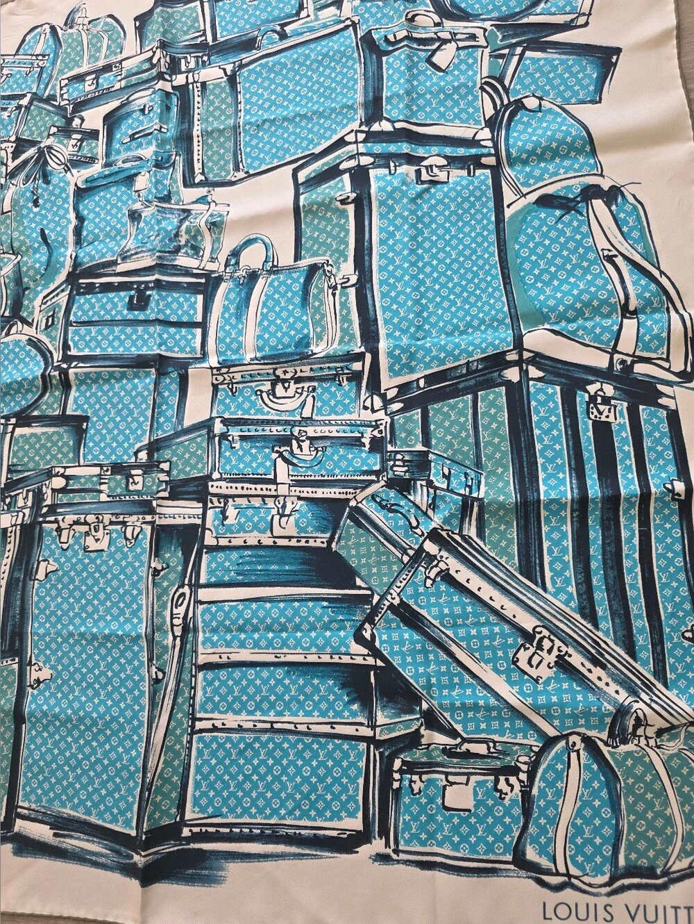 Auth Louis Vuitton Trunk And Luggages Turquoise Silk Scarf
