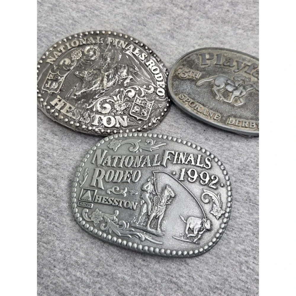 Lot of 3 Hesston National Finals Rodeo Spokane Derby Bull Riding Belt Buckles