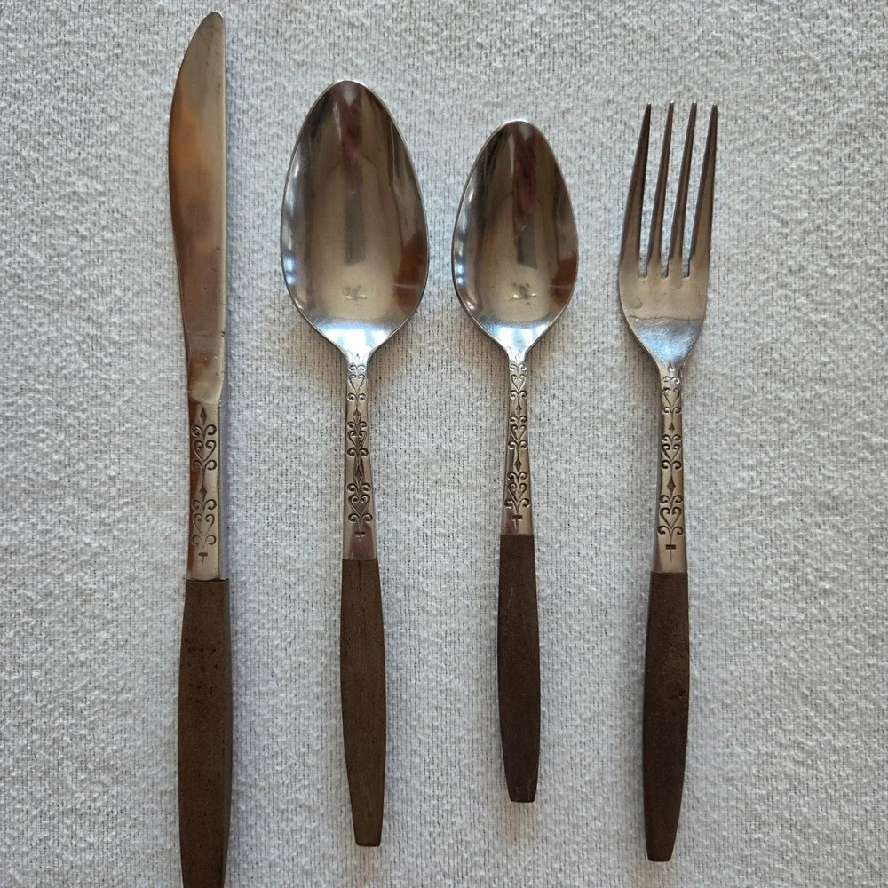 Vintage MCM Interpur INR2 Stainless Steel Faux Wood Handle Flatware 4 pc. Japan
