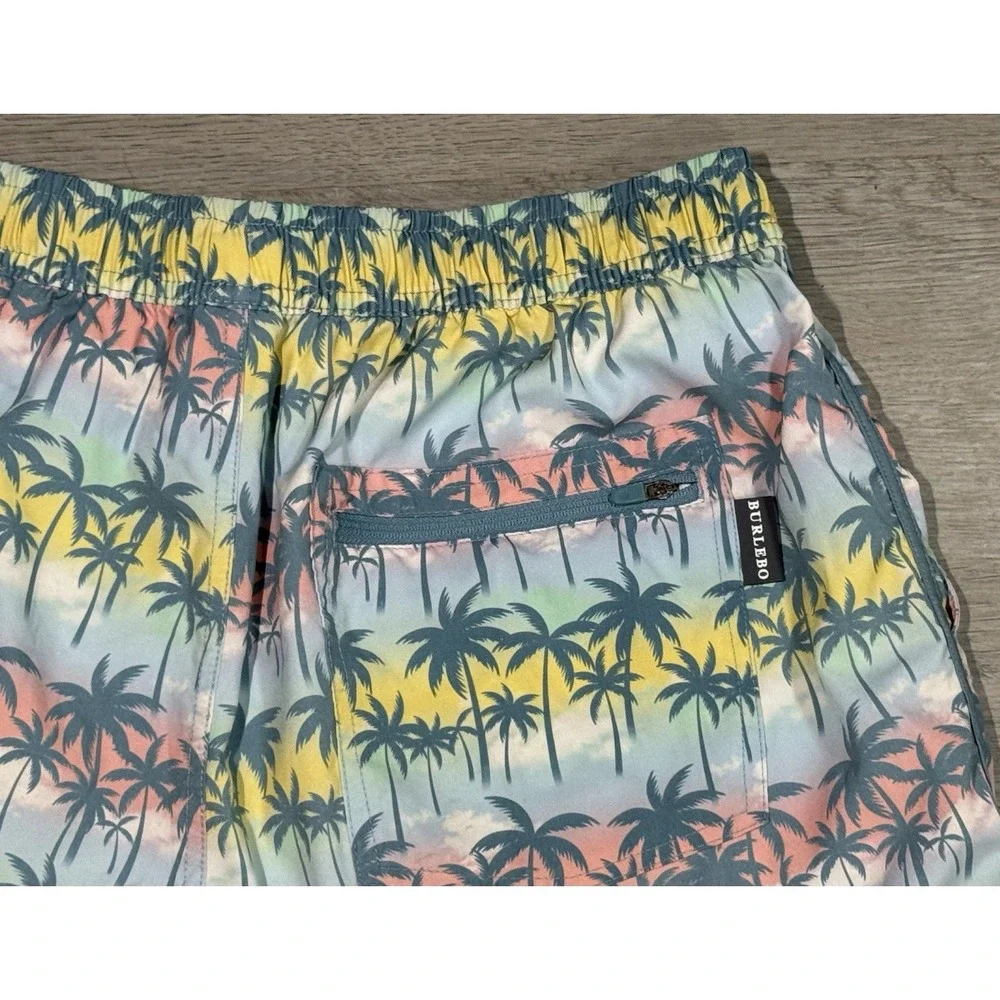 Burlebo Multicolor Palm Tree Swim Trunks Men's Size M Colorful Lined Stretch