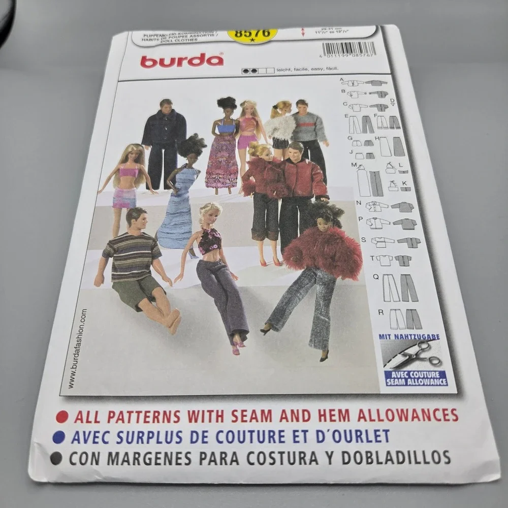 Burda 8576 Doll Clothes Sewing Pattern 11.5-12 Inch Fashion Dolls Barbie Ken