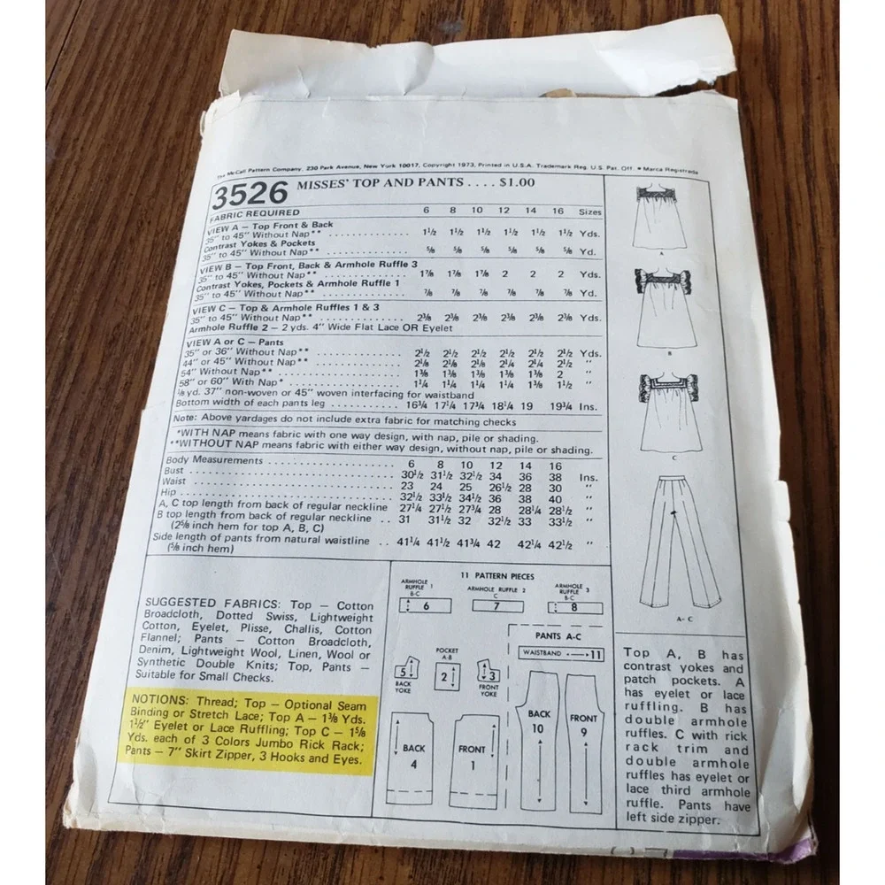 McCalls Sewing Pattern 3526 womens top blouse pants size 16 uncut