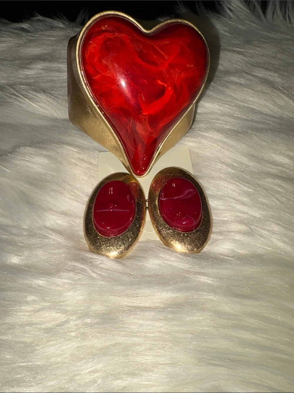 Gold-Tone Red Heart Bracelet with Matching Red Earrings
