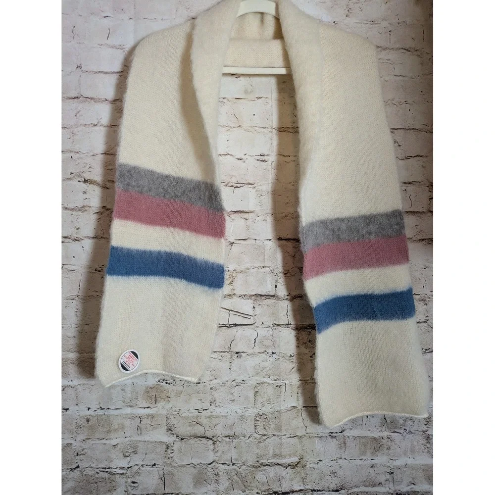 Vintage Rammagerdin Icelandic Brushed Wool Scarf Cream Pink Blue Striped