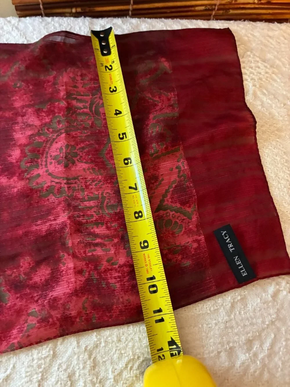 Vintage Ellen Tracy 100% Silk Scarf - Whimsigoth - Deep Red with Damask Motif