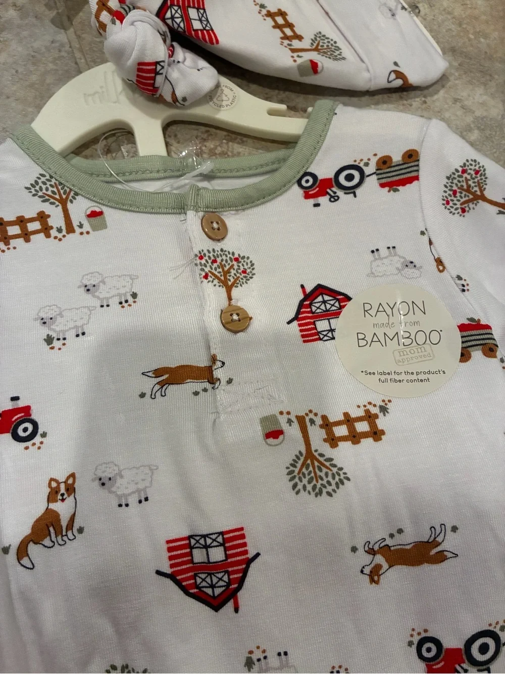 Milkberry Three Piece Set Bamboo Bodysuit Hat Pants Farm Dog Tractor