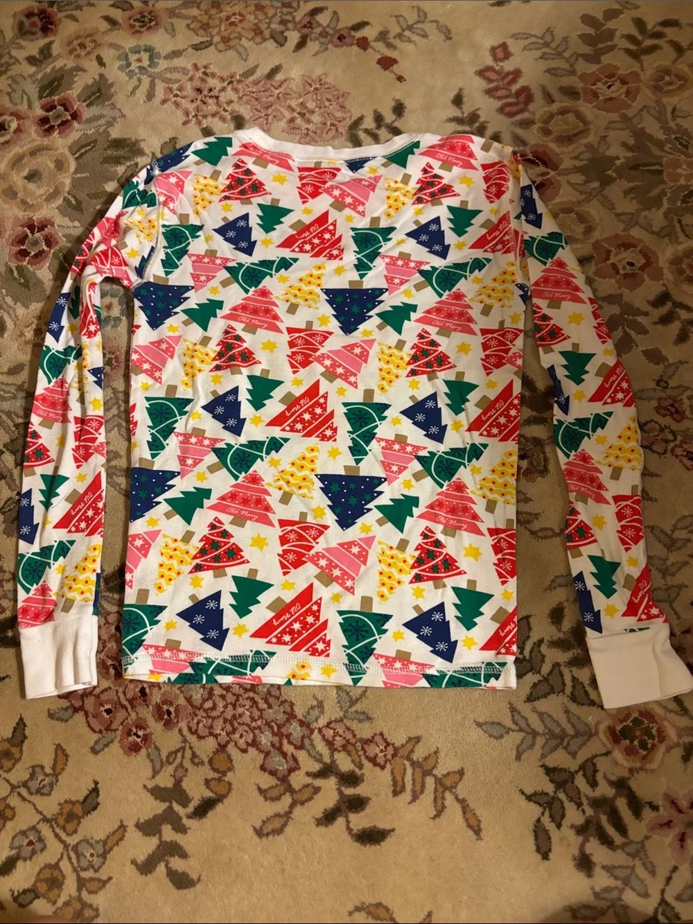 Old Navy White Long-Sleeve Top with Multicolor Holiday Tree Print