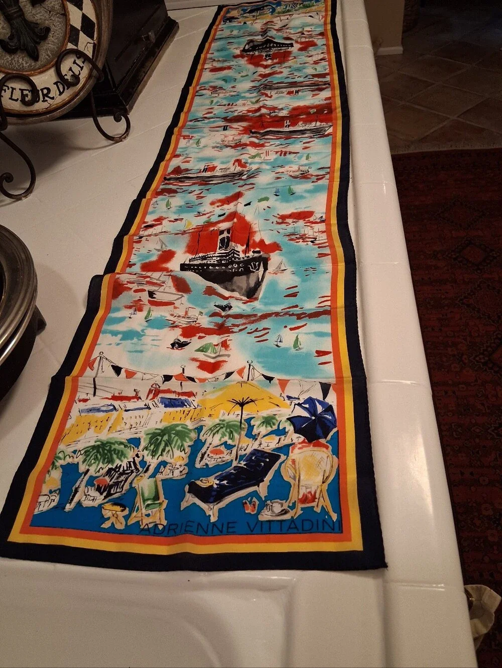 VTG Adrienne Vittadini 100% Silk Scarf Riviera Resort Novelty Print 11x50