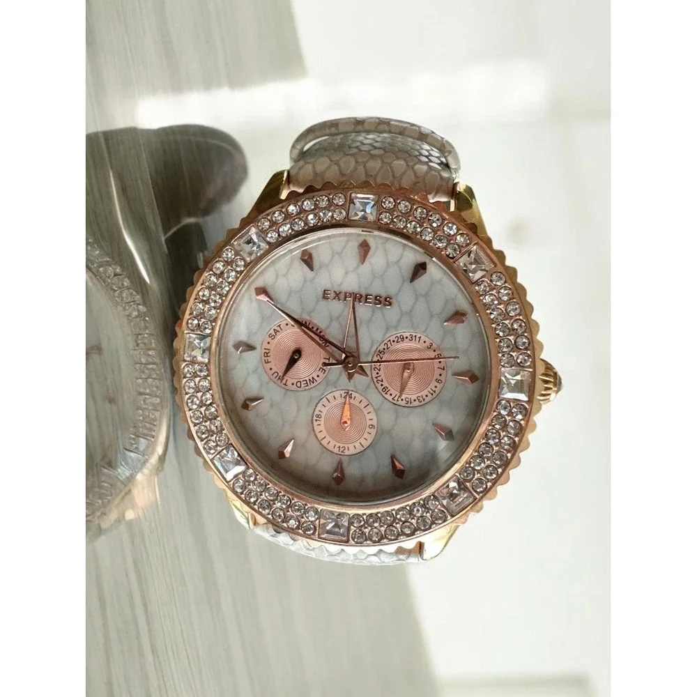 Express‎ FMDEX1430 Crystal Bezel Snakeskin Pattern Rose Gold Women's Chronograph