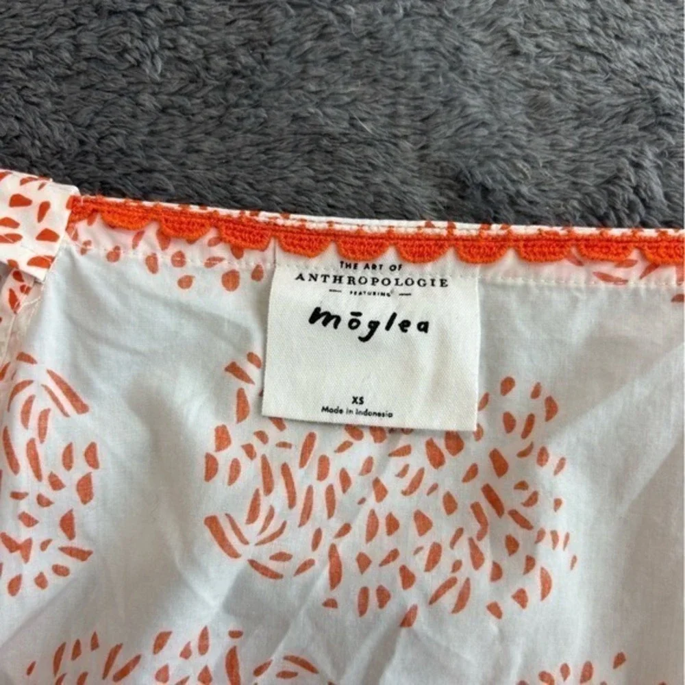 Anthropologie Moglea Orange White Abstract Print‎ Puff Sleeve Babydoll Top XS