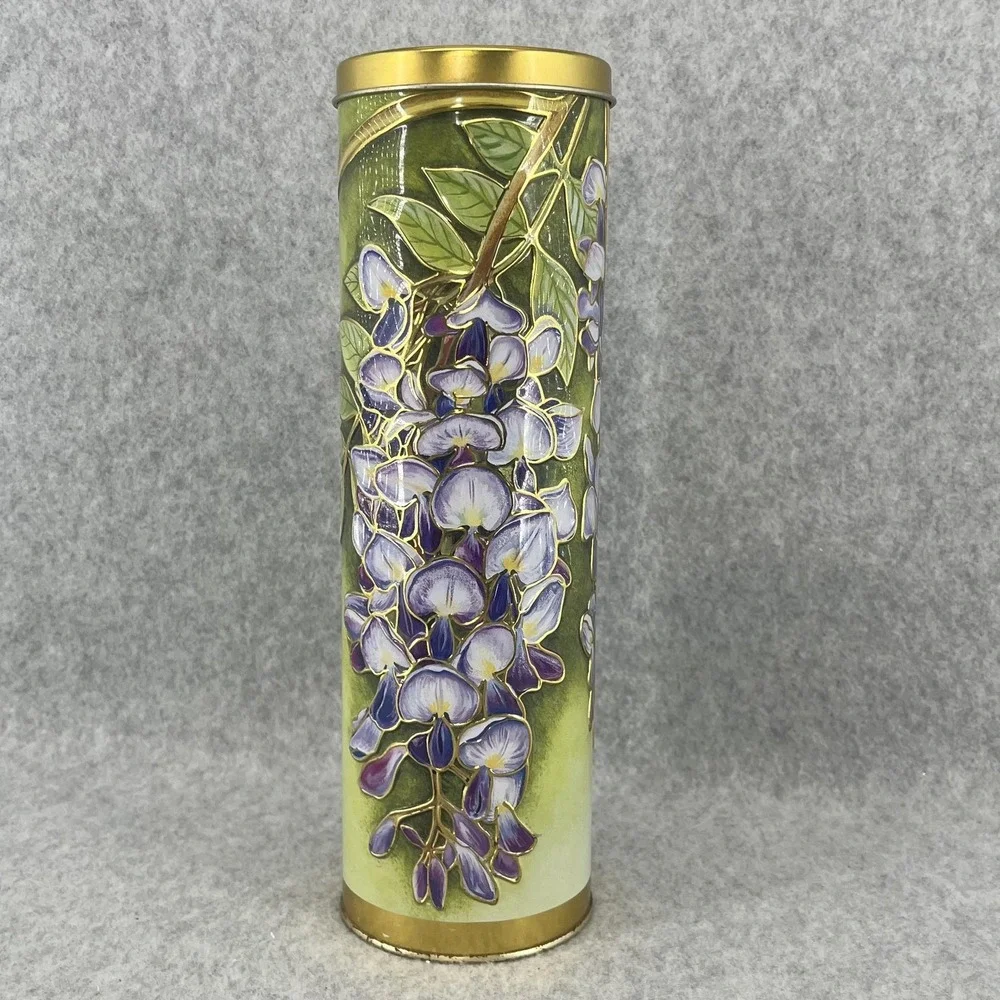 Silver Crane Green Floral Tin Art‎ Nouveau Wisteria Storage Canister Lid Spring