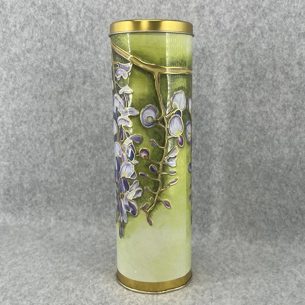 Silver Crane Green Floral Tin Art‎ Nouveau Wisteria Storage Canister Lid Spring