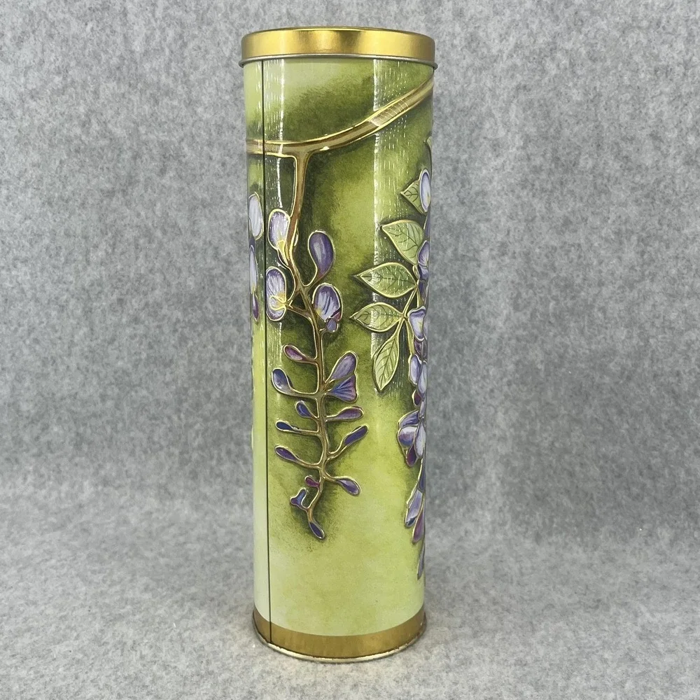 Silver Crane Green Floral Tin Art‎ Nouveau Wisteria Storage Canister Lid Spring