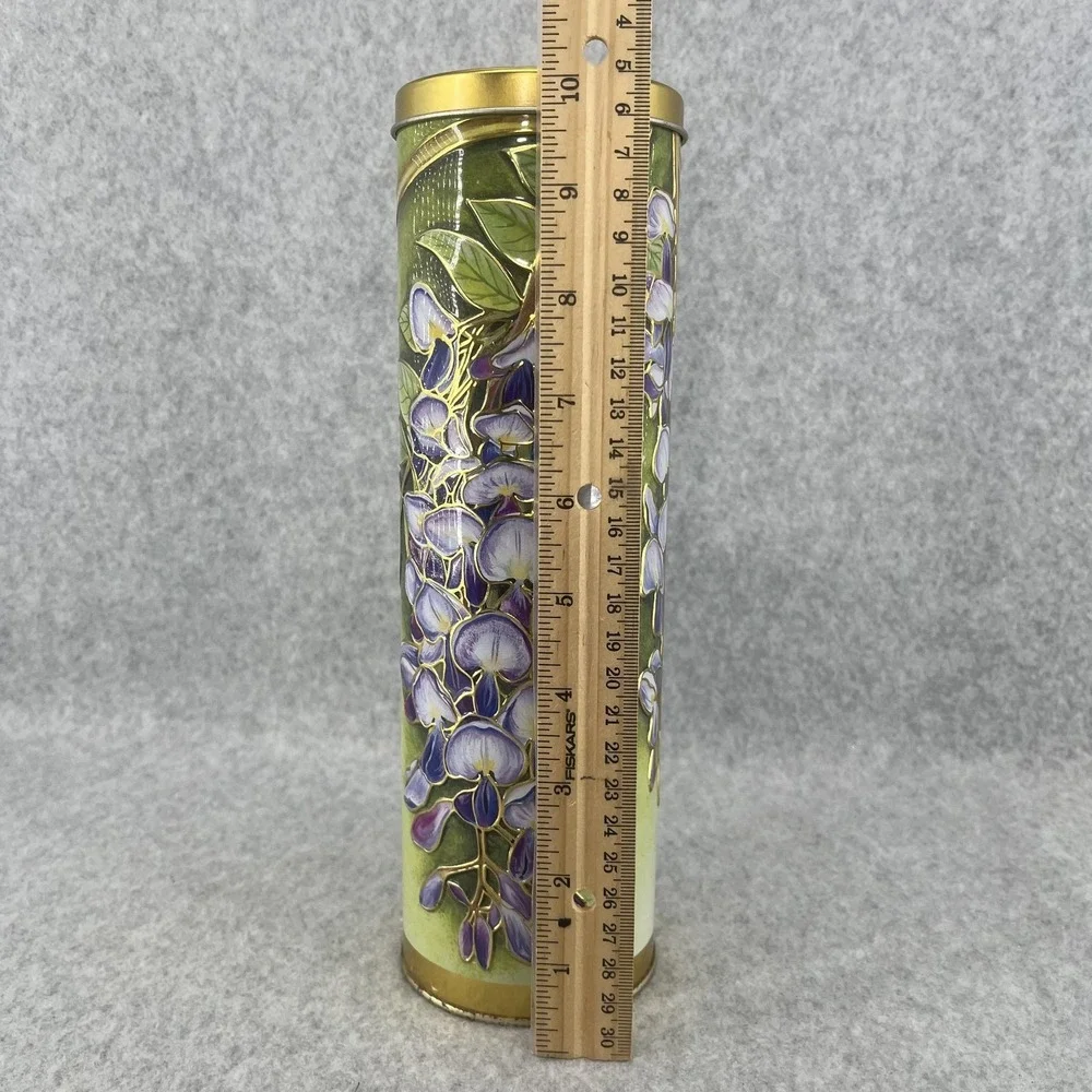 Silver Crane Green Floral Tin Art‎ Nouveau Wisteria Storage Canister Lid Spring