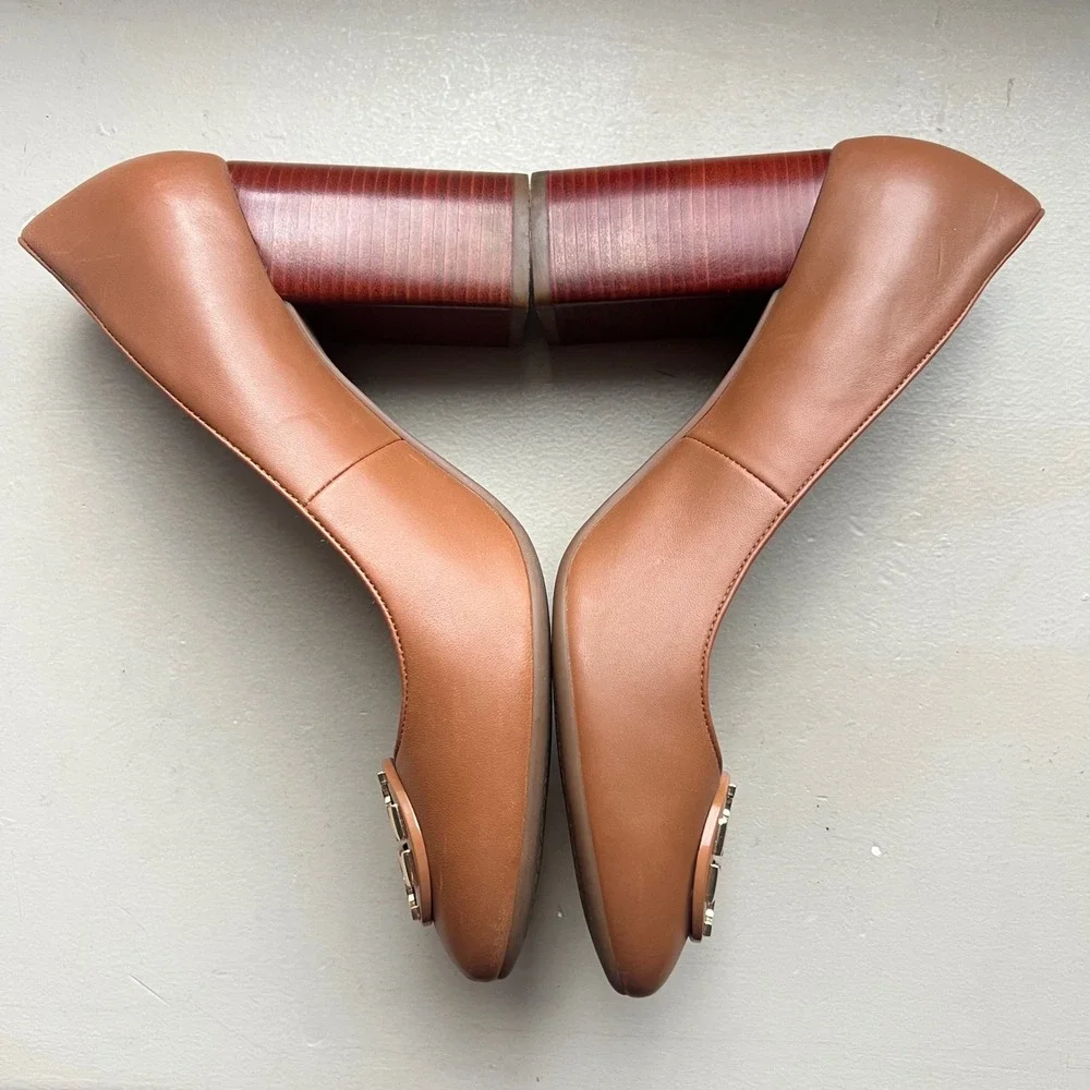 Tory Burch Janey‎ Women 10.5 Tan Brown Leather Block Wood Grain Heel Logo Pump