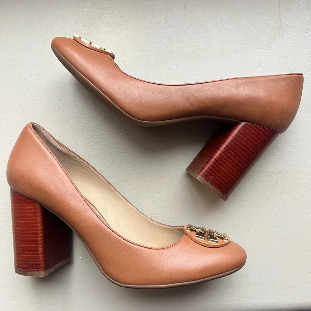 Tory Burch Janey‎ Women 10.5 Tan Brown Leather Block Wood Grain Heel Logo Pump