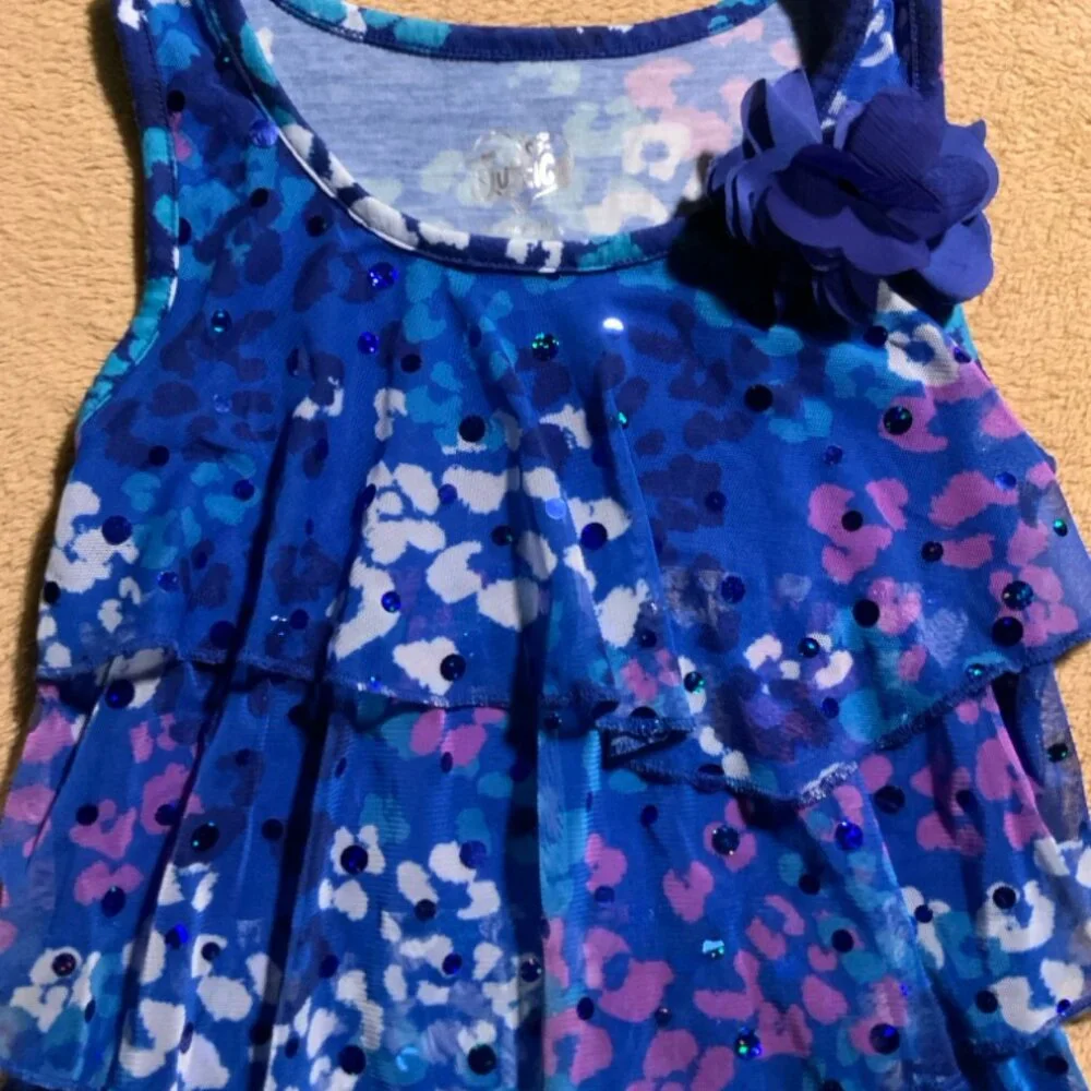 Justice Girls 7 Blue Cheetah Print Layered TieredRuffle Sequins Mesh Tank Top‎