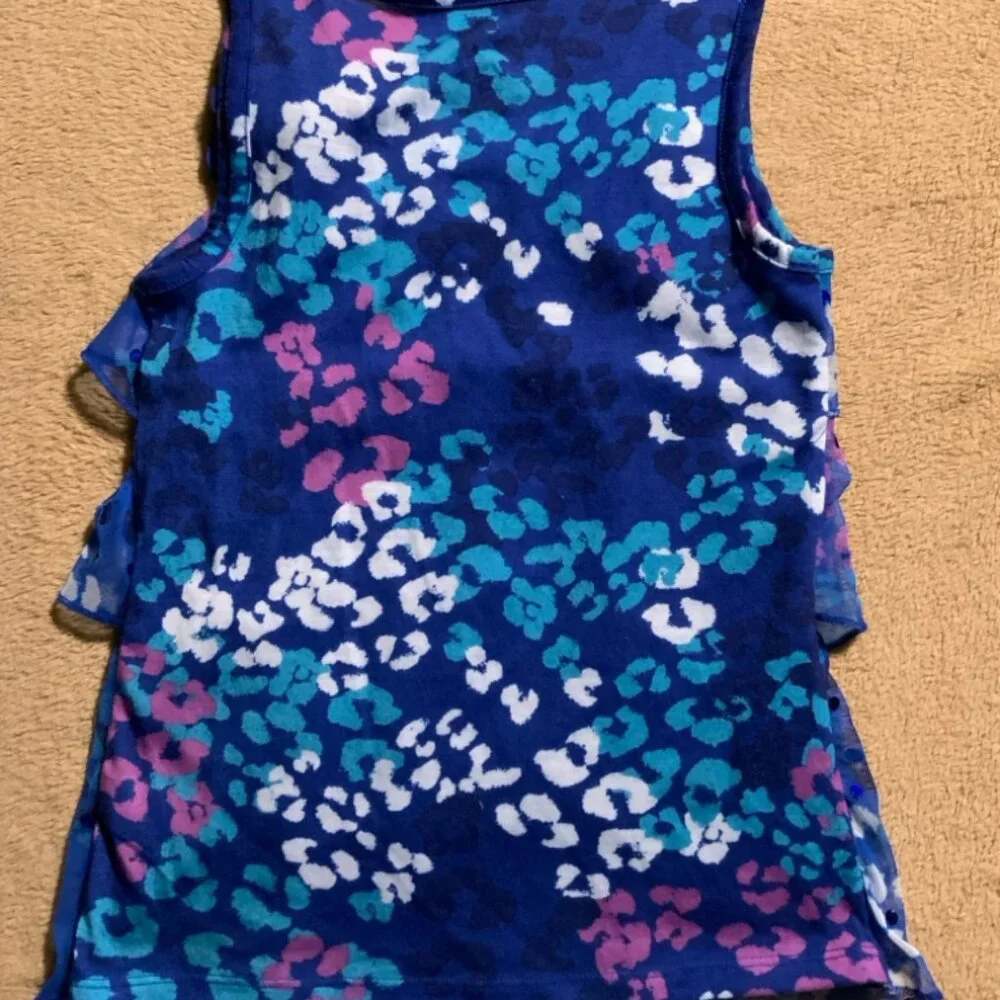 Justice Girls 7 Blue Cheetah Print Layered TieredRuffle Sequins Mesh Tank Top‎