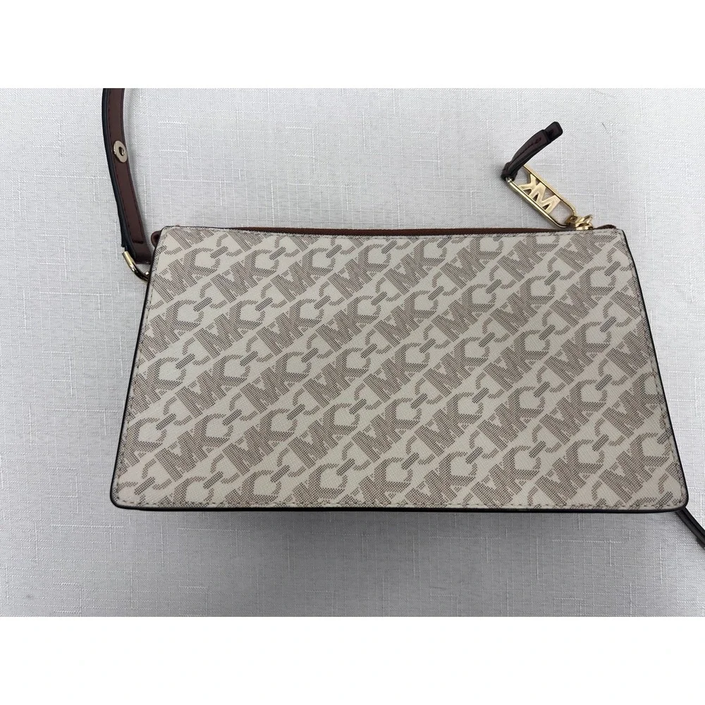 Michael Kors Crossbody Bag Women Small Brown Excellent Logo Print Gold Hardware