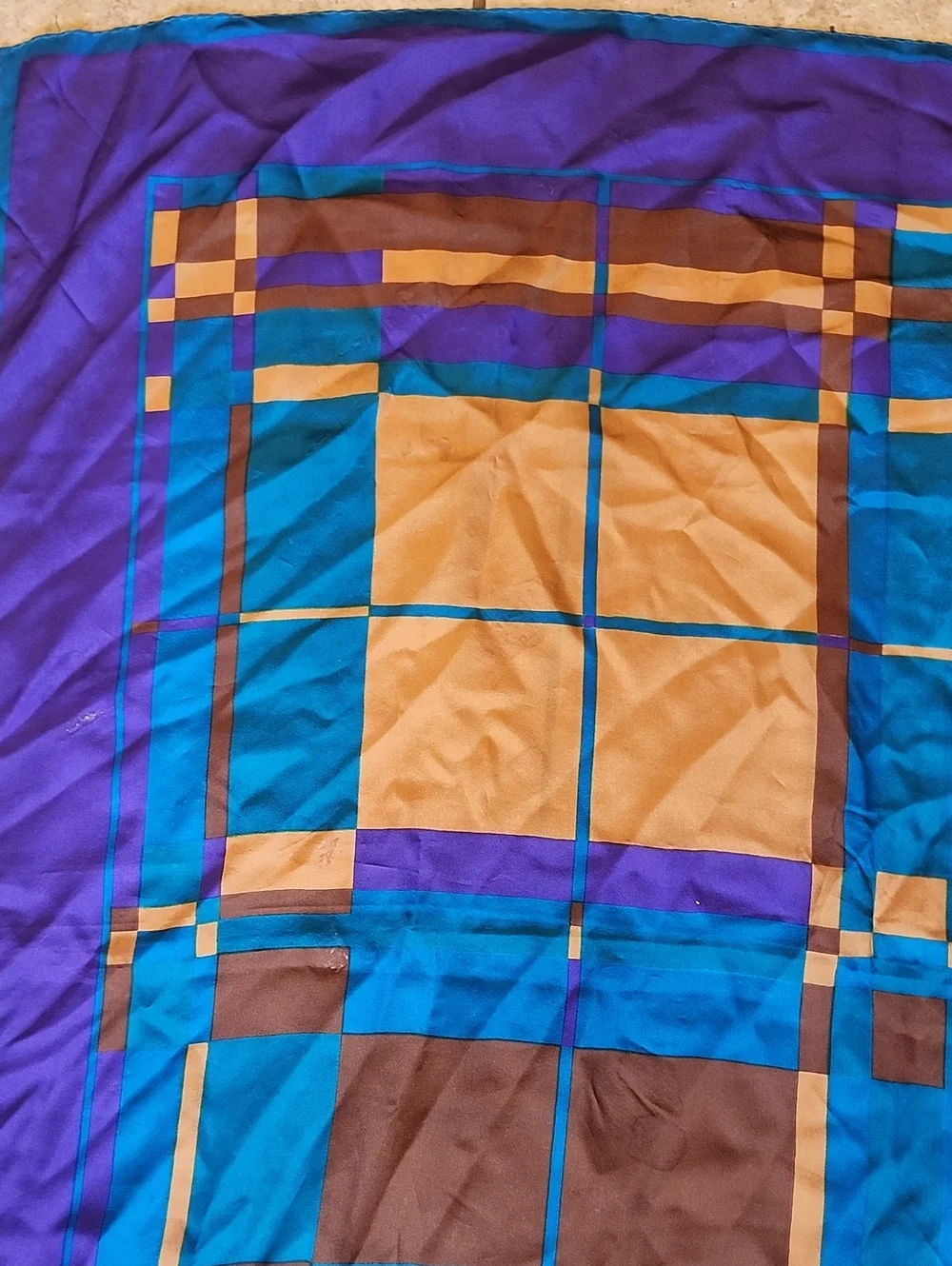 Vtg Made In Italy Blue, Purple & Gold Geometric Silk Scarf 30 X 30