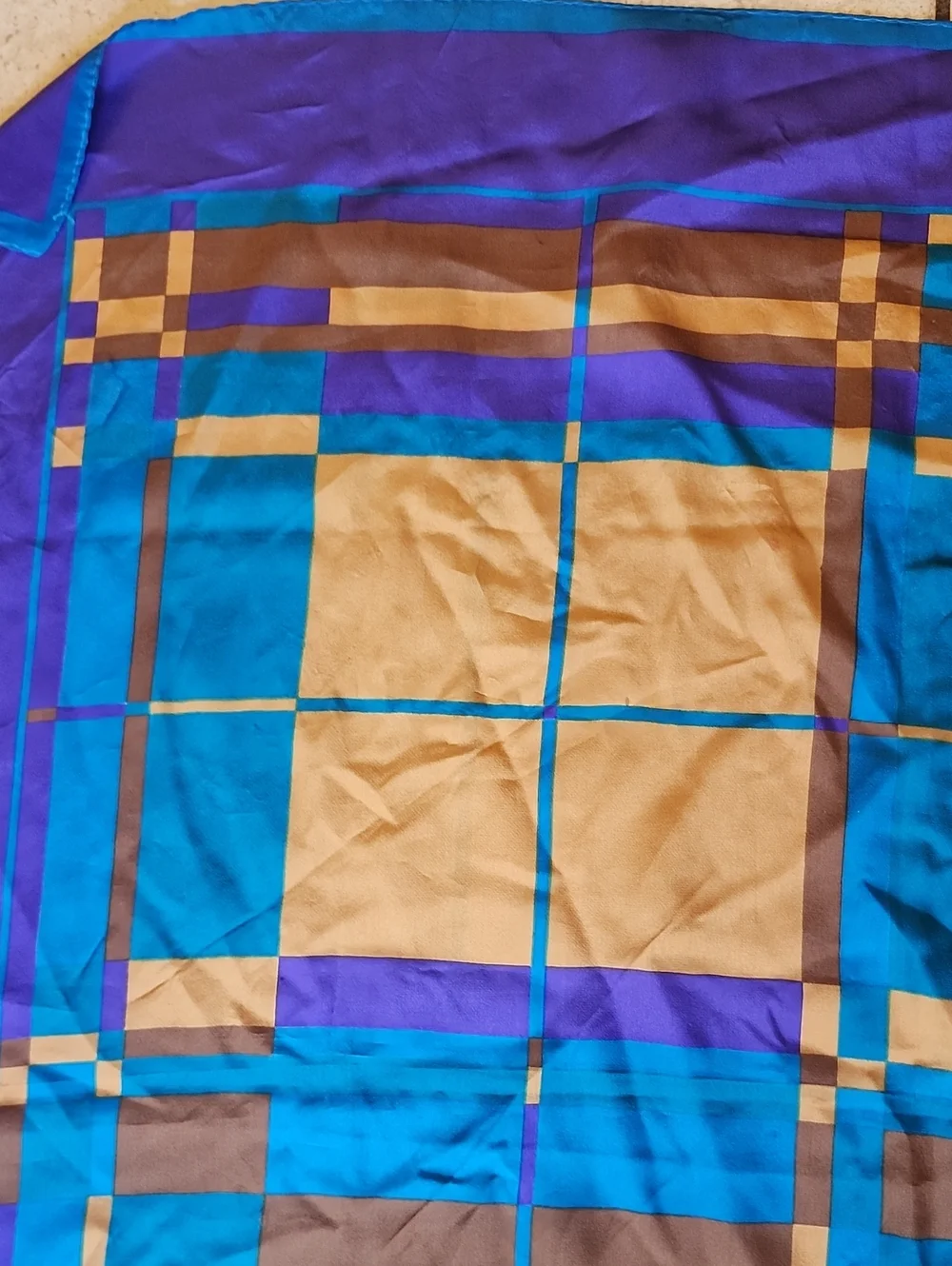 Vtg Made In Italy Blue, Purple & Gold Geometric Silk Scarf 30 X 30