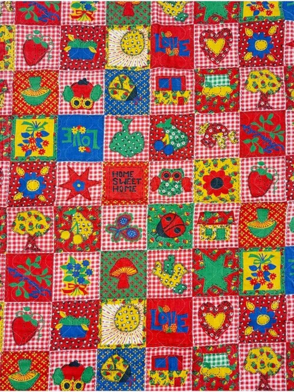 VTG Retro Mushroom Flower Power Quilted Patchwork Quilt Calico Gingham 19x31”
