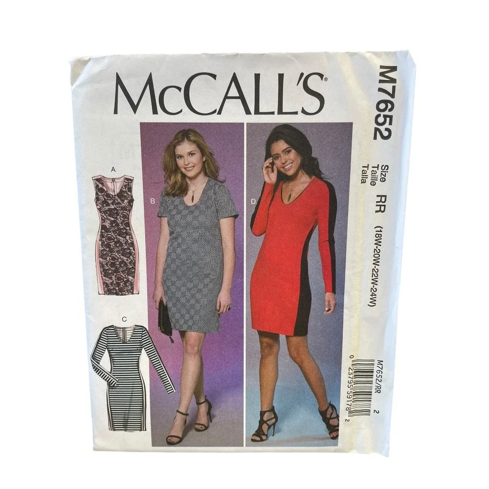 McCall's M7652 Dresses 18W-24W Fitted Knit V-Neck Plus Size