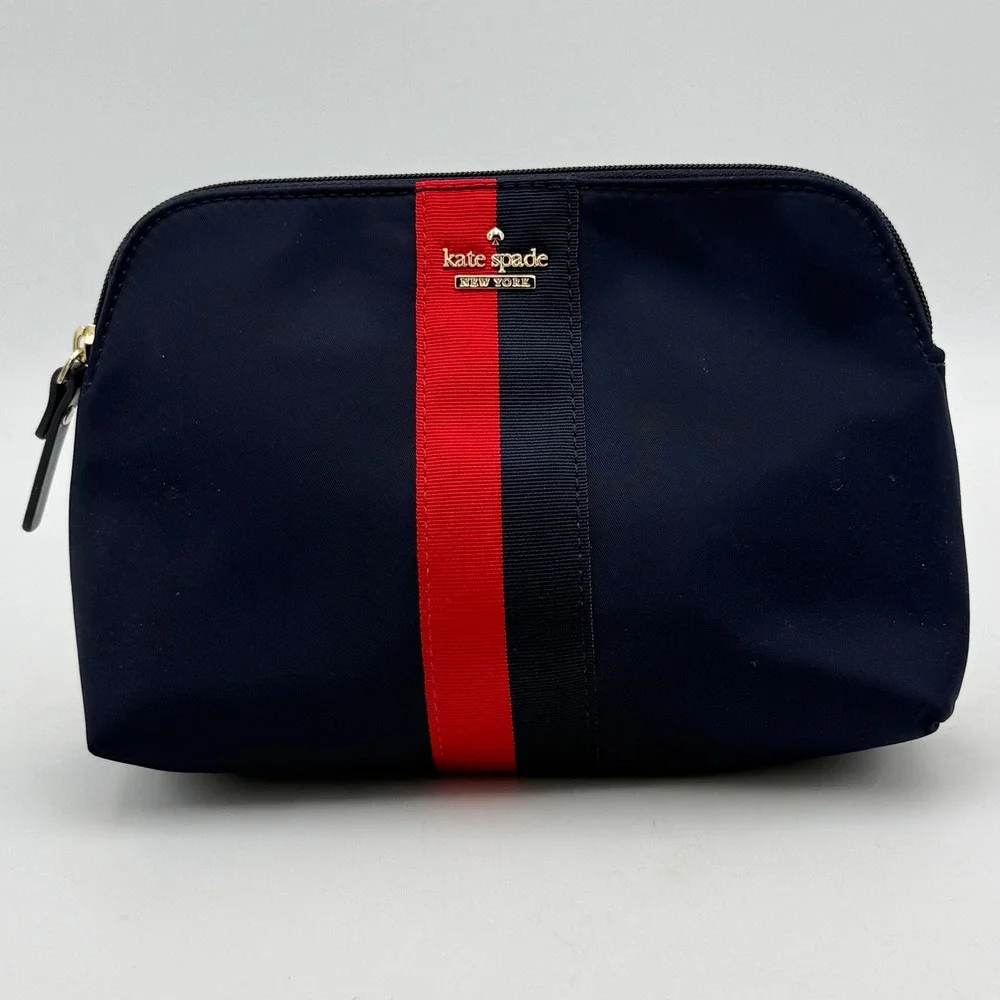 Kate Spade Navy Nylon Cosmetic Bag Red Black Stripe Logo Makeup Pouch