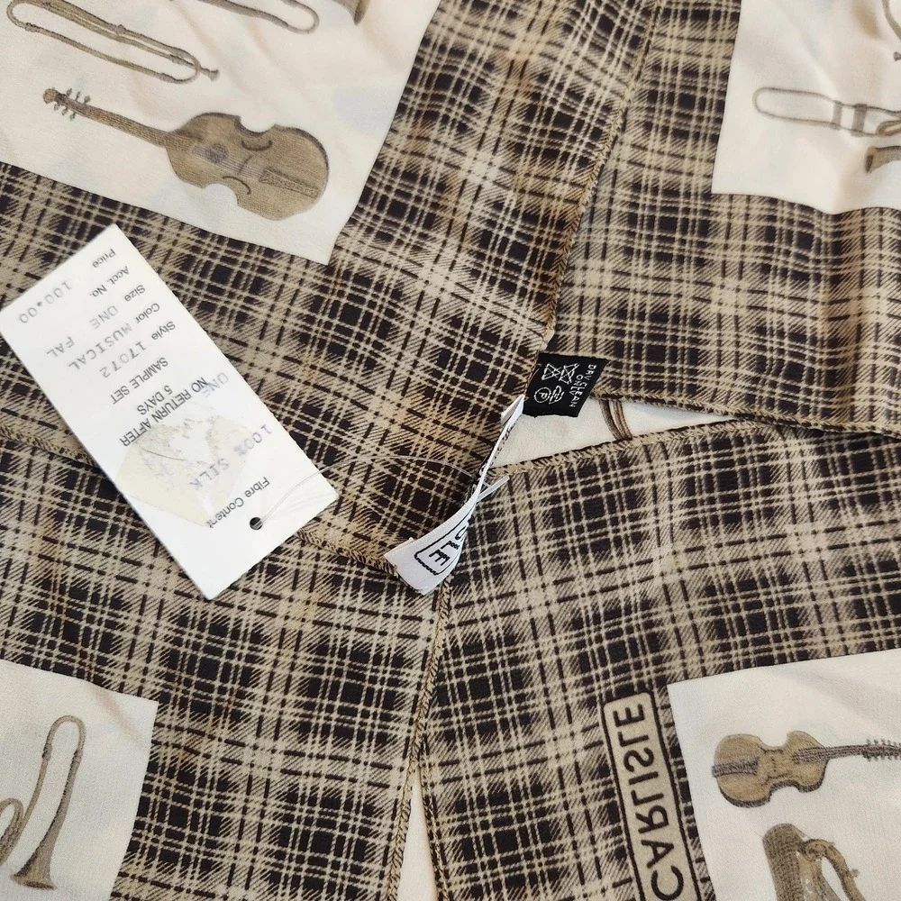 New Carlisle Silk Scarf Musical Instruments Print Plaid Brown Italy Vintage Nwt