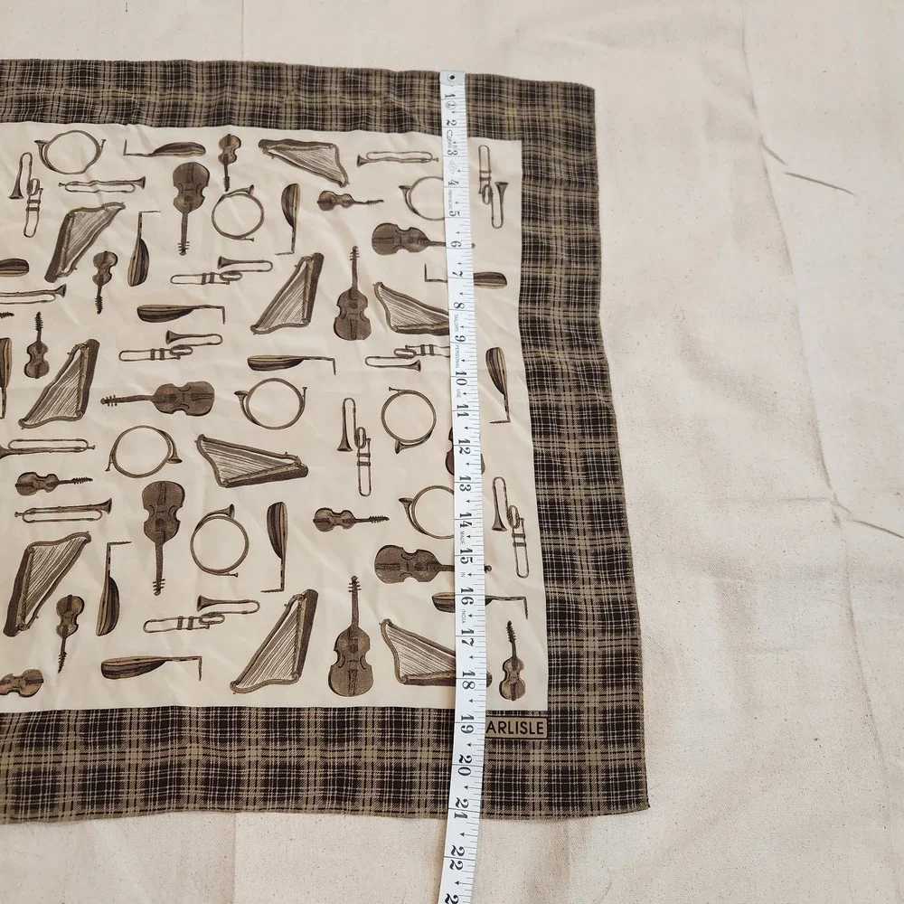 New Carlisle Silk Scarf Musical Instruments Print Plaid Brown Italy Vintage Nwt