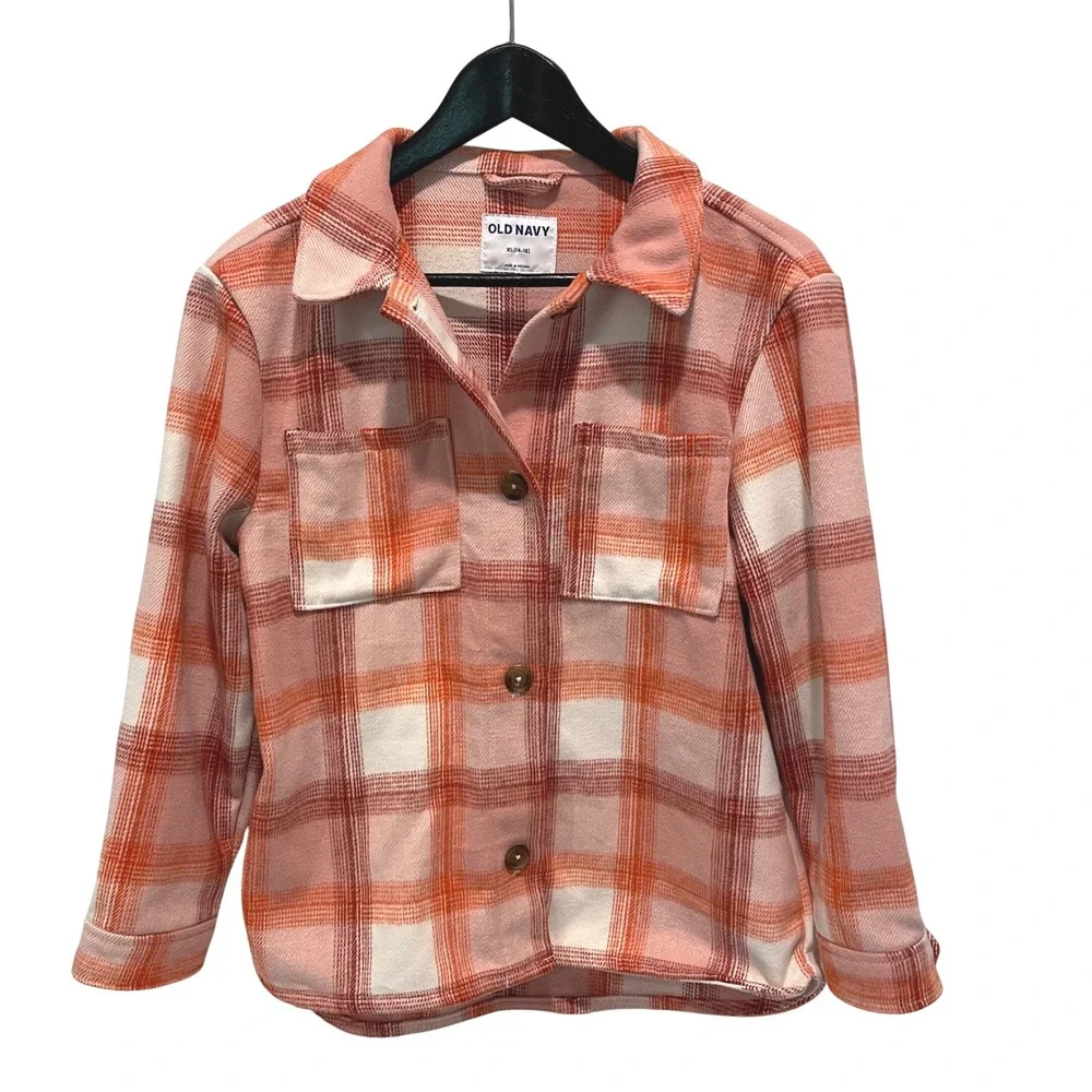 Old Navy Kids XL 14-16 Pink Orange‎ Plaid Flannel Shirt Jacket Shacket