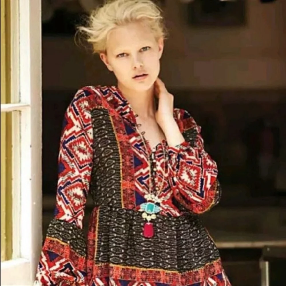 Anthropologie Konrad & Joseph Boho Geometric Peasant Blouse Red Small