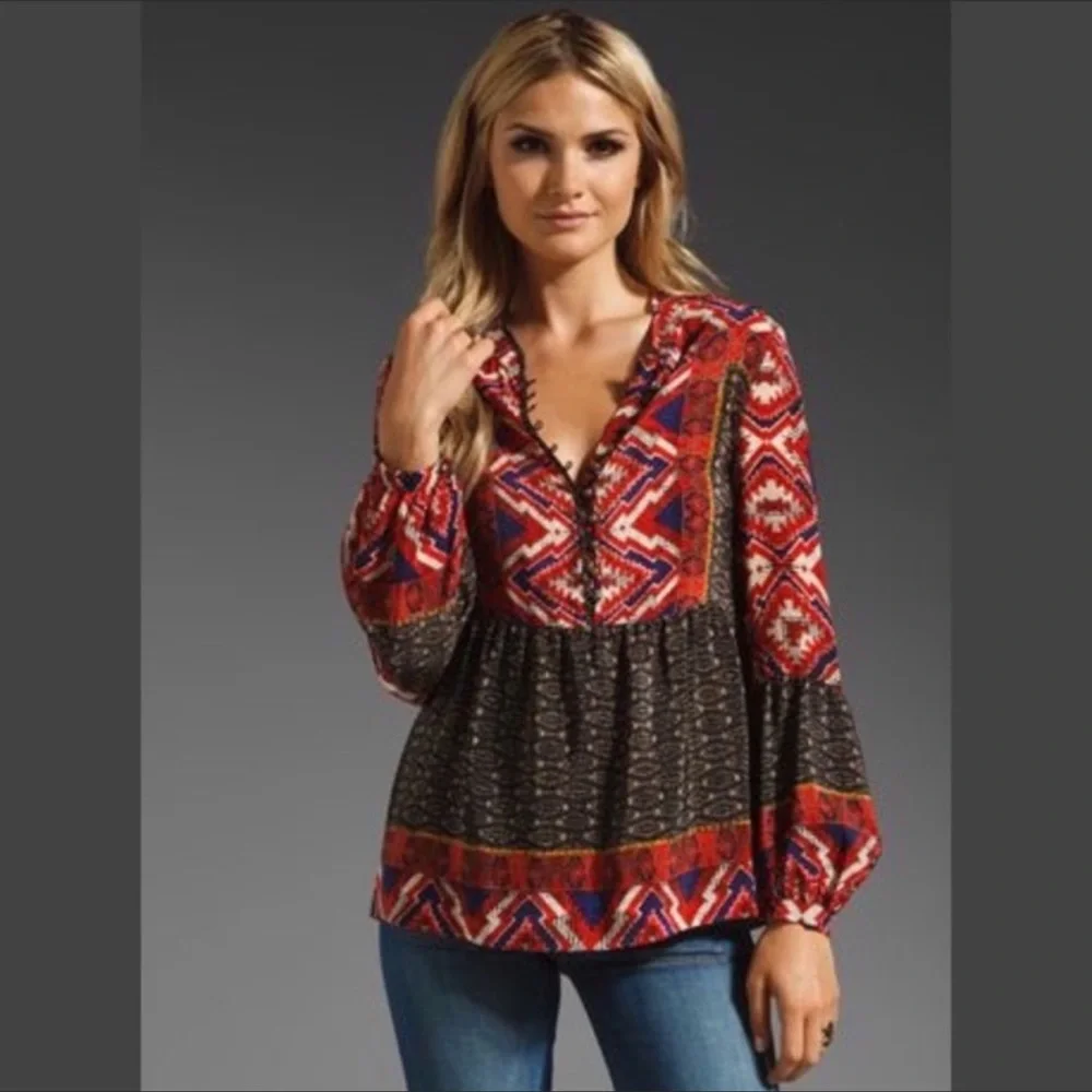Anthropologie Konrad & Joseph Boho Geometric Peasant Blouse Red Small