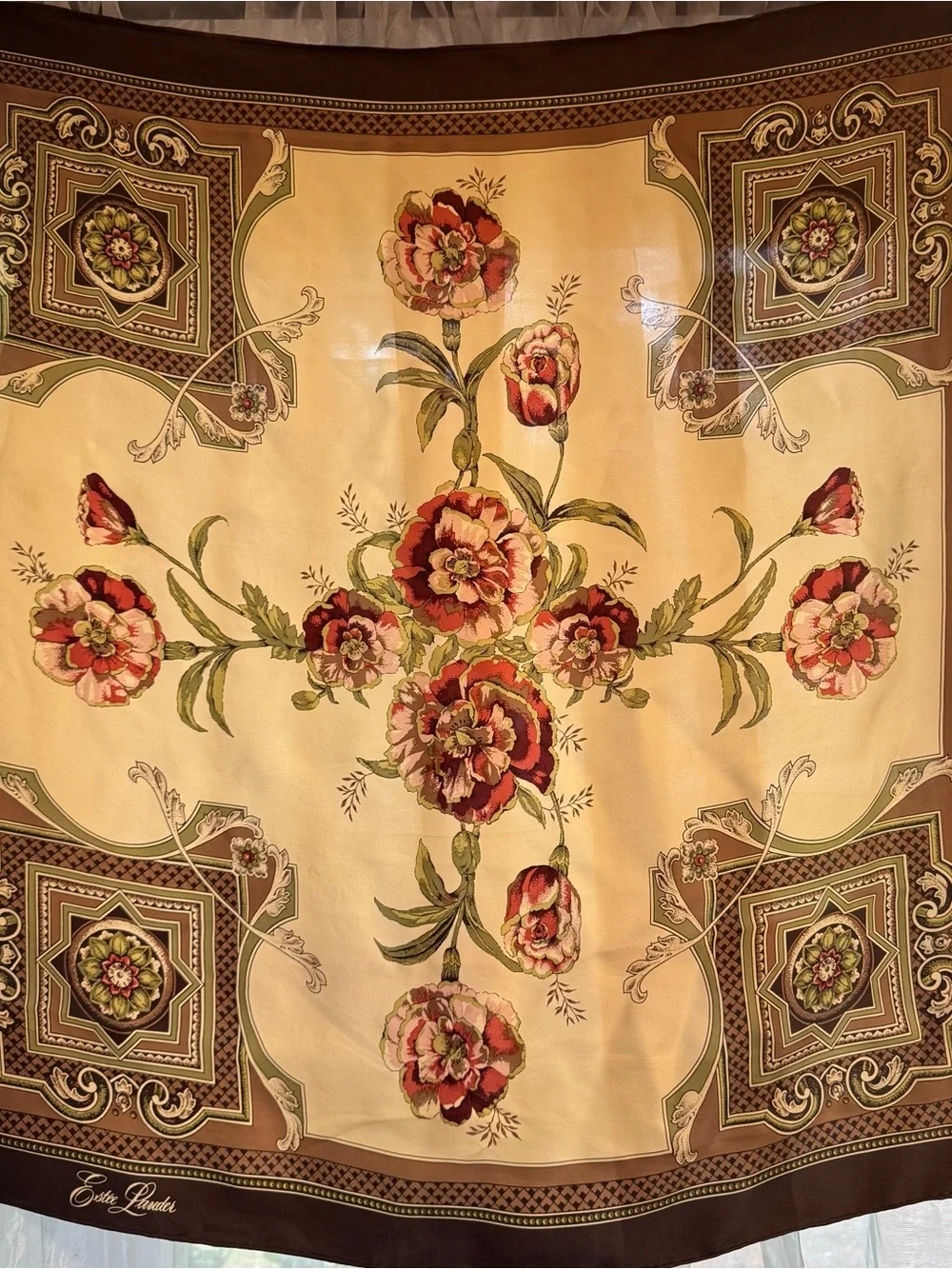 Vintage Estee Lauder 100% Silk Floral Brown & Cream Color Scarf Size-30.5x31